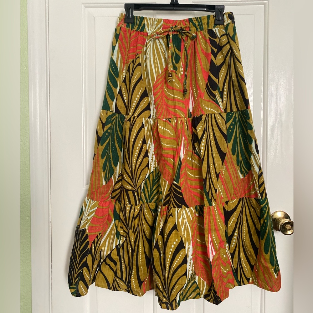 Mlle Gabrielle Multicolored Leaf Print 100% Cotton Skirt Size Small